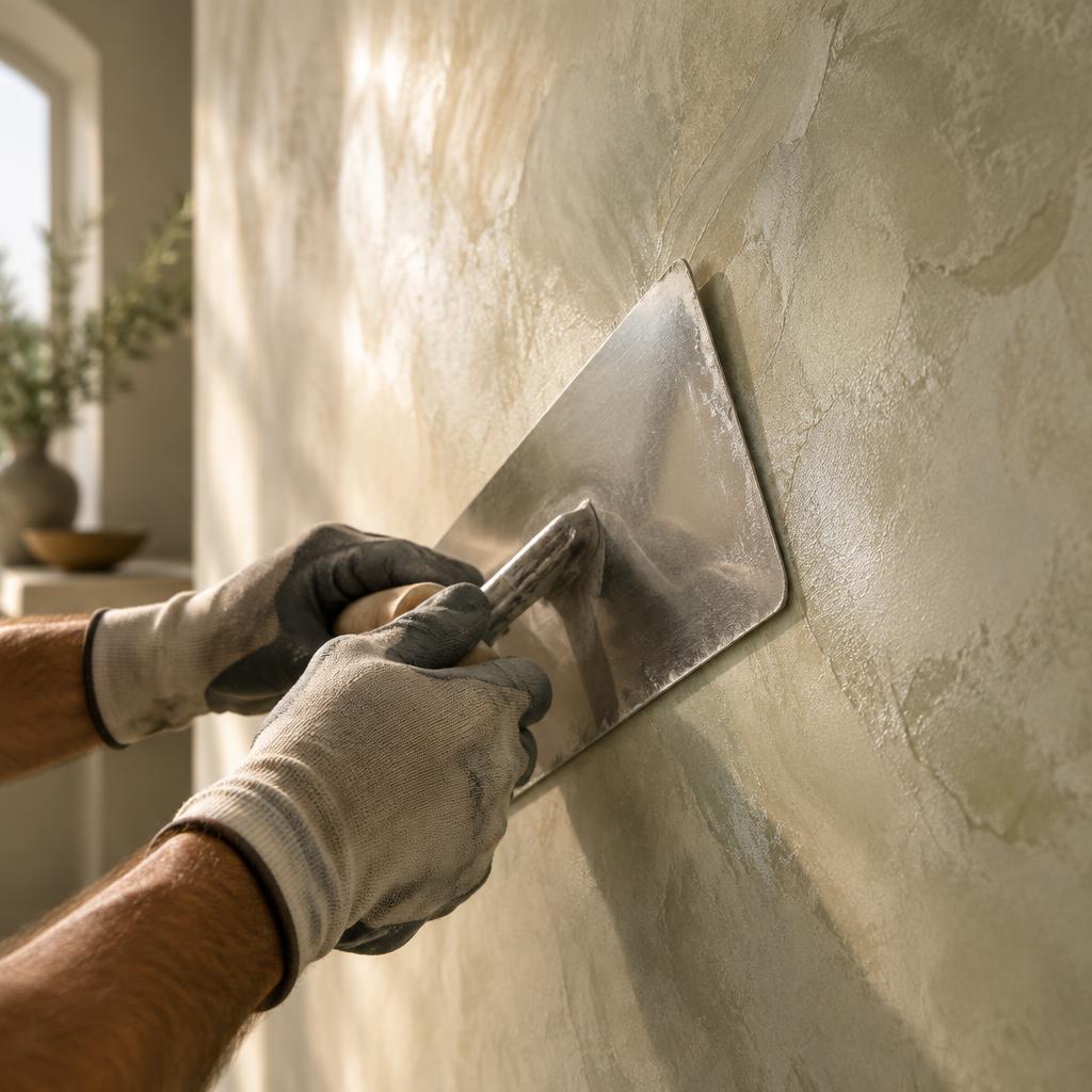 Craftsman troweling Venetian plaster onto a wall