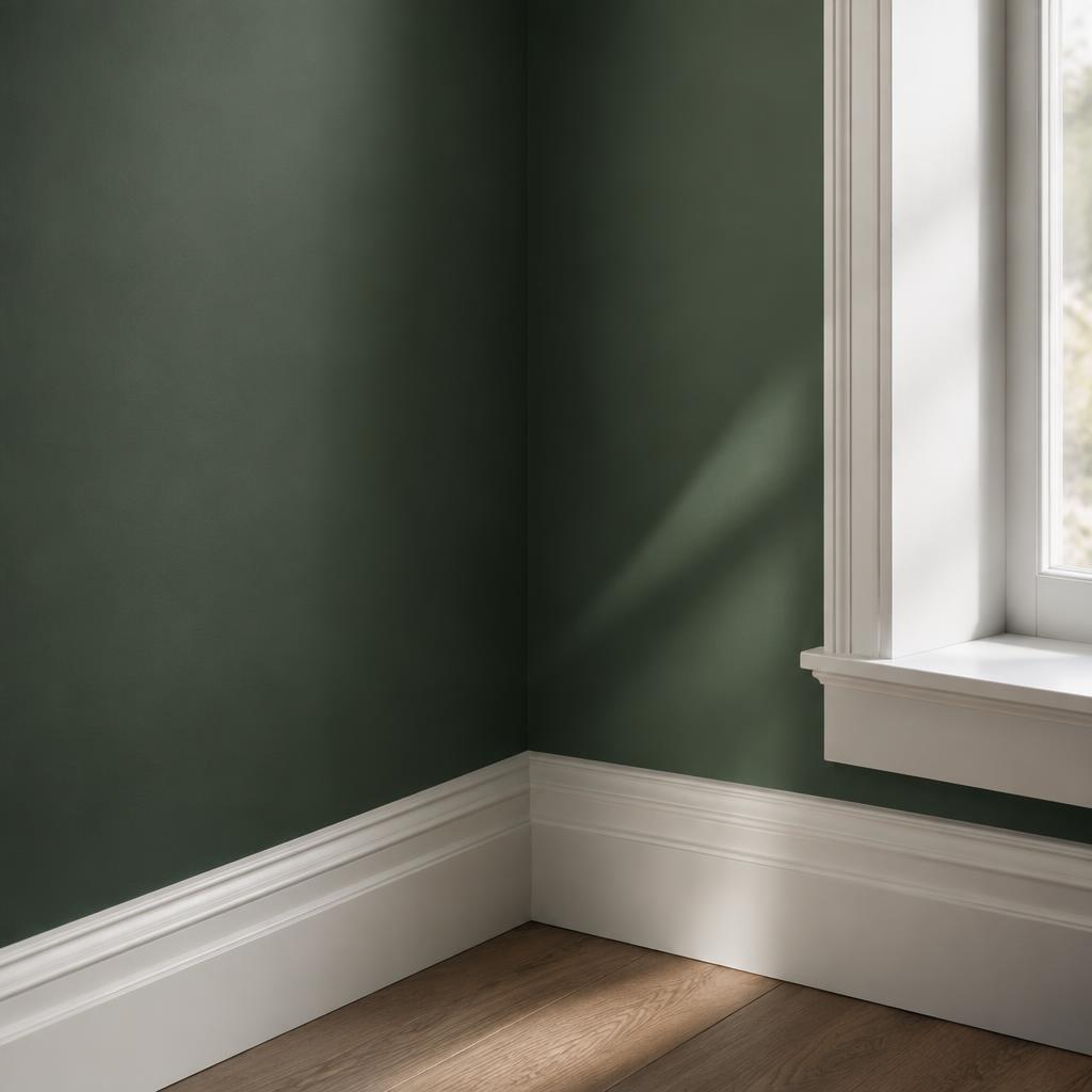 Razor sharp paint line between a sage green wall and white trim